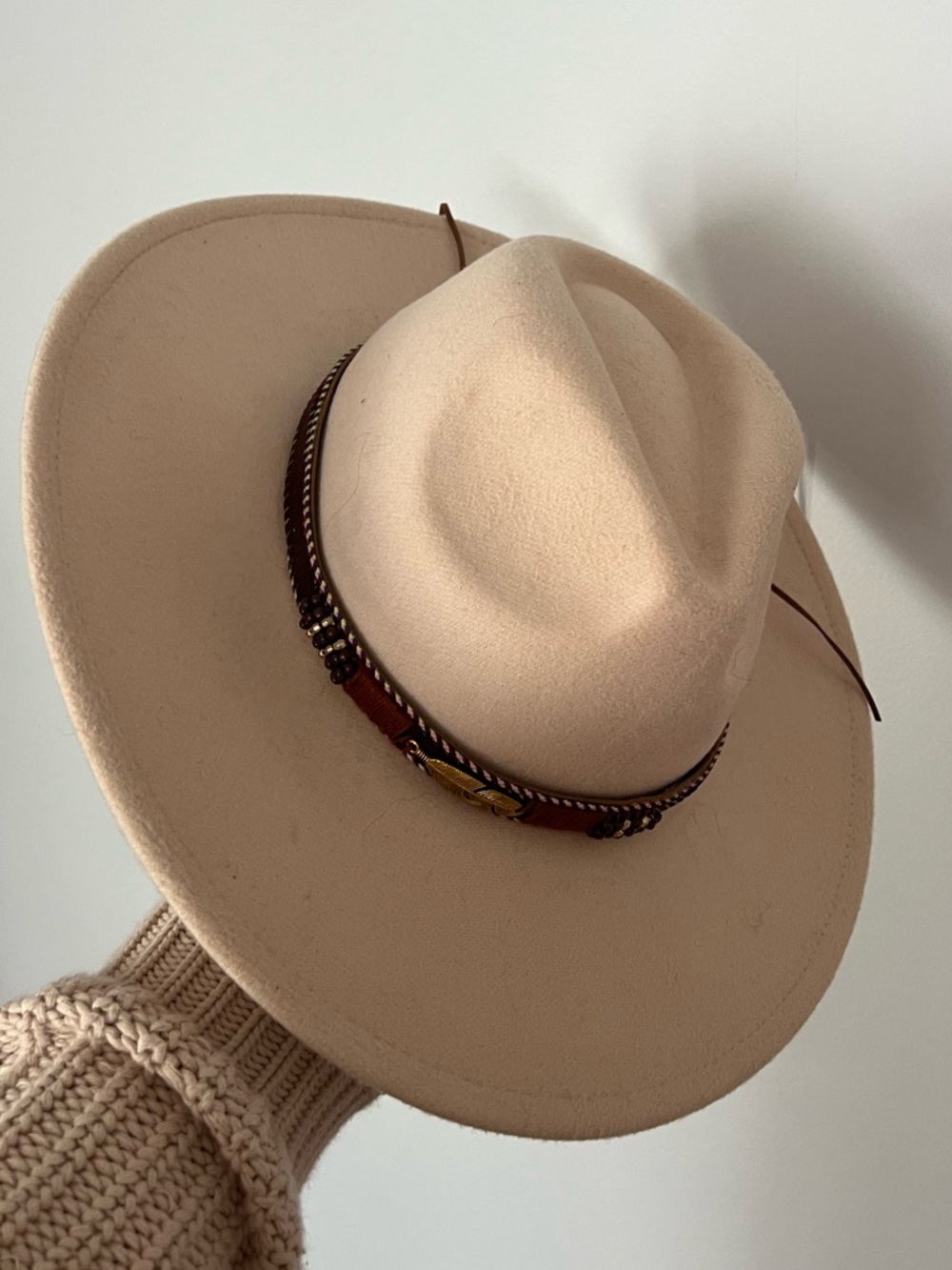 Wide Brim Cream Felt Fedora Hat with Leather Band